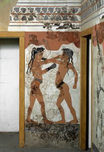 Minoan Art: "" القتال بين ملاكمين "" "فريسكو من أكروتيري إلى سانتوريني. القرن السادس عشر قبل الميلاد. أثينا ، المتحف الأثري الوطني بواسطة مينوان