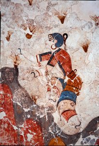 الحضارة المينوية: نساء قطف الزعفران. تفاصيل لوحة جصية من حوض Lustral في Xeste 3 في أكروتيري (ثيرا) ، سانتوريني. خافت. 244x266 سم من القرن السادس عشر قبل الميلاد ، سانتوريني ، مجموعة من اللوحات الجدارية لأكروتيري أ ثيرا - حضارة مينوان: نساء قطف الصفصاف بواسطة مينوان