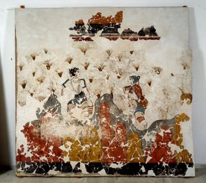 الحضارة المينوية: نساء قطف الزعفران. لوحة جدارية من حوض Lustral في Xeste 3 في أكروتيري (ثيرا) ، سانتوريني. خافت. 244x266 سم من القرن السادس عشر قبل الميلاد ، سانتوريني ، مجموعة اللوحات الجدارية لأكروتيري أ ثيرا بواسطة مينوان