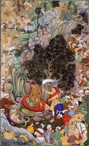 أكبر يأمر بوقف المذابح في عام 1578، حوالي 1595 (غواش على ورق) بواسطة مسكين مسكين