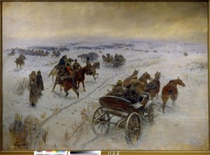 المعركة في إيجورليكسكايا (روسيا). حلقة من الحرب الأهلية الروسية (1917-1923) ، مواجهة بين سلاح الفرسان من الجيش الأحمر والجيش الأبيض ، في السهول الثلجية. لوحة لميتروفان بوريسوفيتش جريكوف (1882-1934) ، زيت على قماش