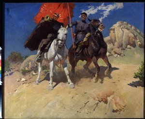 ستاندرد بيرر ولاير هورن. جنديان من فوج سلاح الفرسان في الجيش الأحمر خلال ثورة أكتوبر عام 1917. لوحة ميتروفان بوريسوفيتش جريكوف (1882-1934) ، زيت على قماش