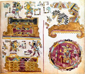 حضارة Mixtec: مخطوطة Mixtec مع رسوم توضيحية للأنشطة اليومية - فن ما قبل الكولومبي ، حضارة مختلطة: مشاهد من الحياة اليومية - تفاصيل نسخة من Codex Vindobonensis أو مخطوطة فيينا التي أرسلها هيرنان كورتيس إلى تشارلز الخامس في عام 1519 - المكسيك سي