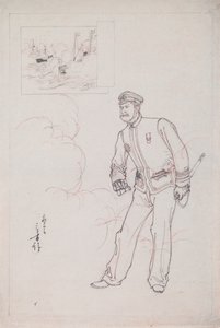 رسم تحضيري لطباعة خشبية تصور ضابطًا بحريًا يابانيًا أثناء الحرب الصينية اليابانية بواسطة ميزونو توشيكاتا