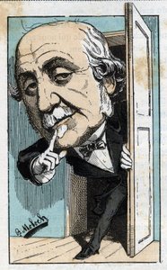 صورة لألبرت ، دوق بروجلي (1821-1901) ، مؤرخ وسياسي فرنسي في "Le Trombinoscope" بواسطة توشاتوت ، رسم كاريكاتوري بقلم ب. مولوك عام 1882 (1849-1909). مجموعة خاصة.