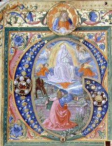 f.106v الأحرف الأولى المؤرخة بـ "G" مع افتراض العذراء ، من كتاب القداس (الرق)
