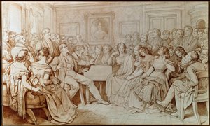 يرافق الملحن فرانز شوبرت التينور يوهان مايكل فوغل في أمسية موسيقية في البارون فون سباون (رسم بواسطة موريتز لودفيج فون شويند