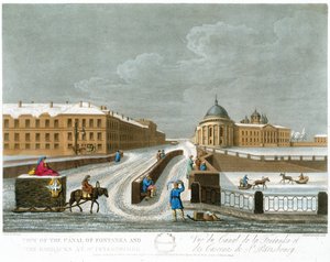 منظر لقناة فونتانكا والثكنات ، رسم توضيحي لشهر نوفمبر من A Year in St. Petersburg محفور بواسطة John H. Clark ، ملون بواسطة M. Dubourg. حانة. 1815 في لندن من قبل إدوارد أورم (ليث اللون بواسطة صباح اليوم