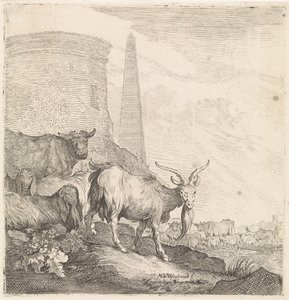 ماعز وأبقار بالقرب من برج دائري به مسلة الحيوانات ذات الأرجل الأربعة (عنوان السلسلة) بواسطة Moyses van Wtenbrouck