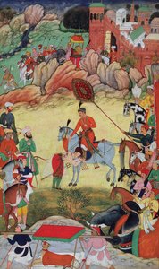 أدهم خان يشيد بأكبر في سارانجبور ، وسط الهند ، عام 1560 أو 1561 ، من أكبارناما ، 1590-1598