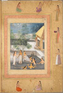 مشهد الاستحمام الليلي في الحريم (وجه): الخط مؤطر بحدود زخرفية من الزهور والطيور (ظهر) ، ج. 1650 (حبر ولون على ورق) بواسطة مدرسة موغال