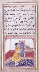خوجيستا يتحدث إلى الببغاء ، ج. 1580 بواسطة مدرسة موغال
