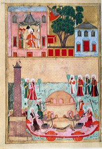 عرض منفاخ زجاجي في صفحة مضمار سباق الخيل في القسطنطينية مأخوذة من الاسم المستعار-i همايون (اللقب الأول همايون) أو "كتاب الاحتفالات" (ms. Hazine 1344) الذي رسمه عثمان. حوالي 1582 (اسطنبول) اسطنبول ، توبكابي سراي بواسطة مدرسة موغال عثمان