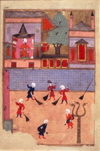 صفحة كناس الشوارع مأخوذة من الاسم المستعار-i همايون (اللقب الأول همايون) أو "كتاب الاحتفالات" (ms. Hazine 1344 ، صفحة 341 أ) موضحة بواسطة عثمان. حوالي 1582 (اسطنبول) اسطنبول ، توبكابي سراي بواسطة مدرسة موغال عثمان