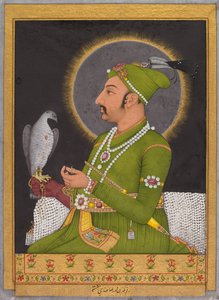 صورة بعد وفاته للإمبراطور المغولي محمد شاه (حكم من 1719 إلى 1748) وهو يحمل صقرًا (ظهر)