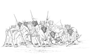 الصيادون الأمريكيون الأصليون يرقصون يرتدون أقنعة الجاموس ، 1841.