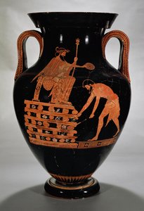 العلية أمفورا البطن ذات الشكل الأحمر التي تصور كرويسوس على بيره ، من فولسي ، c.500-490 قبل الميلاد (الفخار)