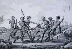 بورت جاكسون ، نيو هولاند: حفل ما قبل الزواج من السكان الأصليين ، من 'Voyage Autour du Monde sur les Corvettes de L'Uranie 1817-20' محفور بواسطة Lerouge and Forget ، نُشر عام 1825 (نقش) بواسطة ن (بعد) بيتي