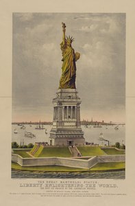 تمثال بارتولدي العظيم ، الحرية المنيرة للعالم ، هدية فرنسا للشعب الأمريكي ، حوالي عام 1885 (الطباعة الحجرية الملونة) بواسطة كوريير وآيفز
