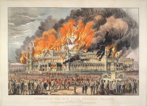إحراق نيويورك كريستال بالاس يوم الثلاثاء الخامس من أكتوبر 1858 (طباعة حجرية ملونة) مطبوعة حجرية ملونة بواسطة كوريير وآيفز