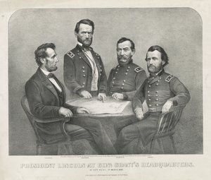 الرئيس لينكولن في Genl. مقر جرانت ، حوالي 1865 (طباعة حجرية) بواسطة كوريير وآيفز