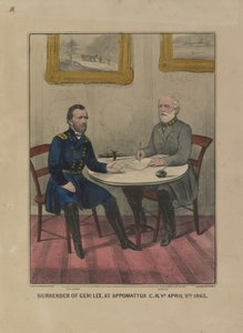 استسلام جينل. Lee ، في Appomattox CH Va. 9 أبريل. 1865 (طباعة حجرية ملونة) بواسطة كوريير وآيفز