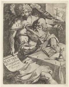 ماثيو الإنجيلي يفتح Matthei Evangelium ويجادل (العنوان على الكائن) صفحة العنوان لـ: S. van Til ، Het euangelium des H. apostles Matthæi (...) افتتحت بملاحظات موجزة ، 1687 بواسطة ويدوي جاسبر غوريس