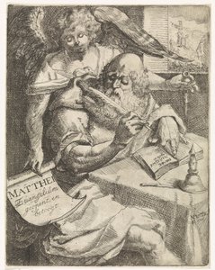 ماثيو الإنجيلي يفتح Matthei Evangelium ويجادل (العنوان على الكائن) صفحة العنوان لـ: S. van Til ، Het euangelium des H. apostles Matthæi (...) افتتحت بملاحظات موجزة ، 1687 بواسطة ويدوي جاسبر غوريس