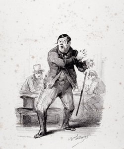 كوميديون على خشبة المسرح. لوحة مُدرجة في ألبوم "Les Ficelles Dramatiques deroulees by Berthelier of the Comic Opera Opera" (الطباعة الحجرية) بواسطة نادار