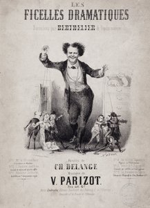 صورة جان بيرتيلير (1830-1888) ممسكًا بأبناء الدمى. ألبوم "Les Ficelles Dramatiques deroulees by Berthelier of the Comic Opera" بواسطة نادار