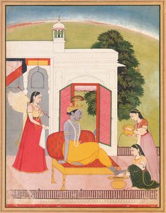 أقدام كريشنا تغسلها الخادمات ، تلال البنجاب ، باشولي ، حوالي 1780 بواسطة Nainsukh