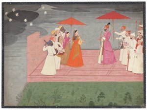 يعزف الموسيقيون دور راجا ل Balwant Dev Singh خلال موسم الأمطار ، 1745-50 بواسطة Nainsukh