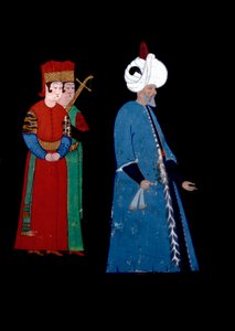 بورتريه السلطان العثماني سليمان (سليمان) الأول العظيم (1494-1566) ، العمر ، برفقة حارسين مسلحين. صورة مصغرة لحيدر ريس نيجاري (1462-1572) بواسطة نقب دعا نيجاري ريس حيدر