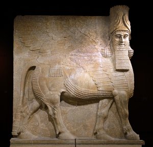 Winged bull from court VIII at the palace of King Sargon II, Khorsabad, 721-705 BC (gypsum?)