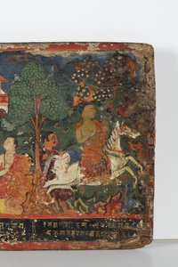 التفاصيل من غلاف مخطوطة بوذية (ألوان مائية غير شفافة على الخشب) بواسطة المدرسة النيبالية