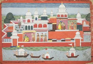 Rukmini تطلب إذن كريشنا لزيارة شقيقها Rukma ، صفحة من مخطوطة Bhagavata Purana ، c.1775 بواسطة المدرسة النيبالية