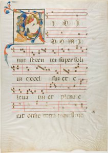 القديس راكعًا أمام الله مُتوجًا في البداية التاريخية "V" من Antiphonary