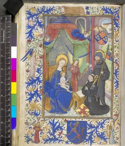 أضف 17440 f.13v Virgin of the Lily مع الراعي Willem van Bossunt ، من Ghent Missal بواسطة المدرسة الهولندية