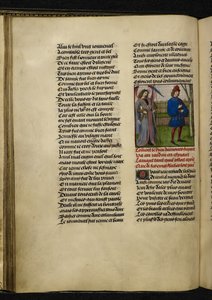 Harley MS 4425 f.18v Amors (إله الحب) و L'Amans ، من "Roman de la Rose" بقلم Guillaume de Lorris و Jean de Meun ، حوالي 1490-1500 (ورق) بواسطة المدرسة الهولندية