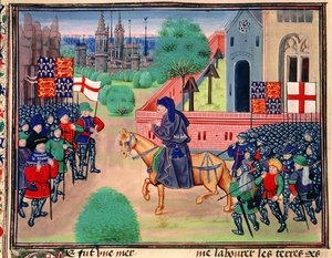 Roy 18 E I f.165v ثورة الفلاحين التي تظهر رايات إنجلترا وسانت جورج ، يظهر جون بول يقود المتمردين ، رسم توضيحي من "Chroniques de France et d
