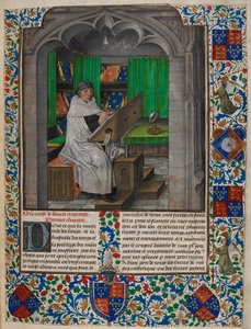 Royal 14 E.I f.3 Vincent de Beauvais يقرأ على مكتبه ، من "Speculum Historiale ، الكتاب الأول" ، بقلم فنسنت أوف بوفيه وجان دي فيجناي (ورق) بواسطة المدرسة الهولندية