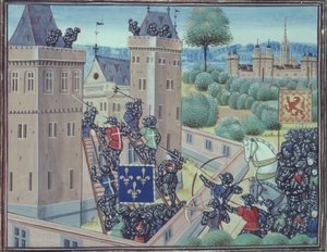 Royal 18 E.1 fol.345 The Capture of Wark Castle by the French and Scots، from Book II of 