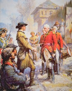 يقبل جورج روجرز كلارك استسلام القائد البريطاني هنري هاميلتون في فورت ساكفيل ، 25 فبراير 1779 (لون ليثو)