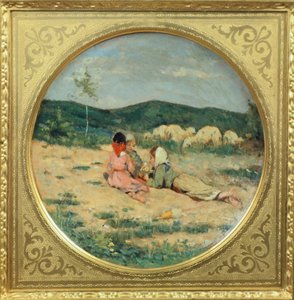 لوحة مرسومة بأشكال رعاة ، رسمها نيكولو كانيشي ، حوالي عام 1880 ، زيت على طبق من الطين بواسطة Nicocolo Cannicci