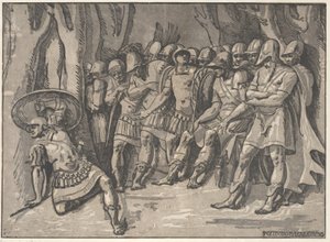 أياكس أسفل اليسار يحمل درعًا عالياً ، على اليمين يقف أجاممنون محاطًا به ... ، 1540-50. بواسطة نيكولو فيسينتينو