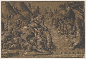 كلويليا البطل الروماني في الوسط يتم مساعدته على حصان ، روما في الخلفية ، ... ، 1540-50 بواسطة نيكولو فيسينتينو