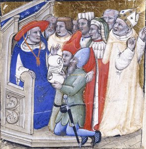كاردينال يجلس في الحكم على أسقف ، متهم من قبل شخصين عاديين ، حوالي عام 1380 (طلاء وأوراق ذهبية على ورق رقي) بواسطة نيكولو دي جياكومو