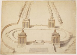 تصميم لـ Bowling Green ، Hampton Court ، c.1689-91 (قلم وحبر بني ، غسيل وغرافيت على ورق) بواسطة نيكولاس هوكسمور