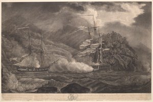 سفينة جلالة الملك "ميرميد" في العاشر من أكتوبر 1795، في ريكوين.... غرينادا، جنحت السفينة "بروتوس" الفرنسية في غرينادا أثناء مطاردة السفينة الفرنسية "بروتوس" لمنع إنزال الذخيرة