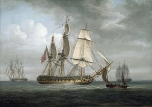 الفرقاطة "تريتون"، التي بُنيت في ديبتفورد (إنجلترا) عام 1796، إلى جانب سفن أخرى. لوحة زيتية على قماش